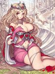  bird blonde_hair breasts cleavage crown curly_hair elbow_gloves evan_yang flower gloves grass hand_on_own_chest large_breasts long_hair looking_at_viewer navel original parted_lips pink_eyes rose sitting solo thighs very_long_hair 