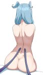  1girl absurdres ass back blue_hair completely_nude daydarion dragon_wings elira_pendora english_commentary from_behind head_wings highres nijisanji nijisanji_en nude sitting solo virtual_youtuber white_background wings 