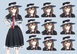  1girl :d :o angry black_capelet black_hat black_skirt blue_background blush bow brown_hair capelet closed_mouth commentary_request erisauria expressionless expressions frilled_capelet frilled_skirt frills glaring grin hair_bow hand_on_own_hip hat hat_bow head_tilt highres light_smile long_sleeves looking_at_viewer medium_hair necktie outline psd_available red_bow red_necktie scared shaded_face shirt simple_background skirt smile solo standing surprised touhou usami_renko variant_set white_bow white_outline white_shirt yellow_eyes 