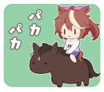  1girl :3 animal blue_shorts blush_stickers brown_hair character_request chibi closed_mouth gomashio_(goma_feet) green_background grey_outline hair_between_eyes hair_ribbon hood hood_down hoodie horse horse_print horseback_riding kneehighs long_sleeves multicolored_hair outline pink_ribbon ponytail print_hoodie puffy_long_sleeves puffy_sleeves ribbon riding shorts sleeves_past_wrists socks streaked_hair symboli_rudolf_(racehorse) tokai_teio_(umamusume) translation_request two-tone_background umamusume white_background white_hair white_hoodie white_socks |_| 