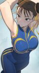  1girl bare_shoulders blue_bodysuit blue_vest bodysuit breasts brown_hair chun-li double_bun hair_bun hata4564 highres short_hair skin_tight solo street_fighter street_fighter_zero_(series) sweat vest wide_hips 