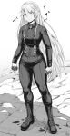  1girl absurdres blood blood_on_hands boots breasts clenched_hands commentary commission frown full_body greyscale highres long_hair medium_breasts monochrome original pants pointy_ears solo speedl00ver thighs very_long_hair 