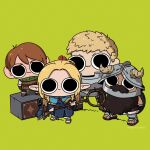  &gt;:) 1girl 3boys :3 black_eyes blonde_hair chibi chilchuck_tims dress dungeon_meshi fake_horns full_body green_background helmet highres holding holding_staff horned_helmet horns laios_touden marcille_donato mimic miyan_(oceanmaiden) multiple_boys pointy_ears sandals senshi_(dungeon_meshi) simple_background staff v-shaped_eyebrows 