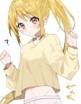  1girl ? arrow_(symbol) blonde_hair blurry bocchi_the_rock! braid closed_mouth crop_top ijichi_nijika light_blush long_hair looking_at_viewer navel orange_eyes pants ponytail puffy_sleeves shirt solo ugai0524 very_long_hair w_arms white_background white_pants yellow_shirt 