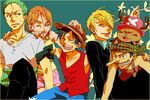  bandanna black_hair blonde_hair cigarette green_hair hair_over_one_eye haramaki monkey_d_luffy multiple_boys nami nami_(one_piece) one_piece orange_hair overalls roronoa_zoro sanji shirt smile suit t-shirt tony_tony_chopper usopp vest 