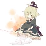  bad_id bad_twitter_id daizu_(melon-lemon) dress ghost_tail green_dress green_eyes green_hair hat japanese_clothes one_eye_closed red_string short_hair smile soga_no_tojiko solo string tate_eboshi touhou 