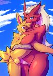  2018 anthro balls bedroom_eyes big_breasts big_ears blaziken blue_eyes breast_squish breasts butt circumcised clitoris cloud conditional_dnp duo eeveelution erection female fur hair half-closed_eyes hand_on_breast hand_on_butt jolteon kawfee larger_female long_hair looking_at_viewer male male/female muscular muscular_female nintendo nude penis pok&eacute;mon pok&eacute;mon_(species) pok&eacute;morph presenting presenting_balls presenting_hindquarters presenting_penis purple_eyes pussy raised_leg red_fur seductive shoulder_fluff size_difference sky smile smirk thick_thighs video_games voluptuous yellow_fur yellow_sclera 