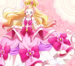  ;d absurdres blue_eyes bow choker cure_flora curtsey dress eyebrows full_body gloves go!_princess_precure haruno_haruka highres long_hair magical_girl mode_elegant_(go!_princess_precure) multicolored_hair one_eye_closed open_mouth pink pink_background pink_bow pink_dress pink_hair precure smile solo streaked_hair thick_eyebrows two-tone_hair yupiteru 