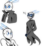  2018 alien antennae blue_eyes blush clothed clothing dialogue english_text gloves hard_boy_(inkyfrog) humanoid inkyfrog looking_at_viewer male mask not_furry open_jacket simple_background smile solo standing text white_background 