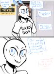  2018 alien antennae black_and_white blue_eyes clothed clothing dialogue english_text hard_boy_(inkyfrog) humanoid inkyfrog inside looking_at_viewer male monochrome not_furry simple_background solo speech_bubble talking_to_viewer text white_background 