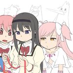  akemi_homura bad_id bad_pixiv_id black_hair bow dress dual_persona girl_sandwich hair_bow hair_ribbon highres kaname_madoka long_hair mahou_shoujo_madoka_magica multiple_girls notori_d pink_hair purple_eyes ribbon sandwiched smile twintails two_side_up ultimate_madoka yellow_eyes 