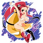  alternate_hairstyle arms_up banana boots breasts food forehead fruit hair_ornament large_breasts long_hair lowres nude pasties ponytail red_hair skull_hair_ornament smile solo star star_pasties suika_soda tengen_toppa_gurren_lagann wrist_cuffs yoko_littner 