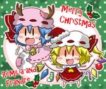  2girls antlers ascot bell blonde_hair blue_hair candy candy_cane character_name christmas_ornaments commentary flandre_scarlet food hat holly merry_christmas mob_cap multiple_girls noai_nioshi patch red_eyes reindeer_antlers remilia_scarlet sack santa_hat siblings side_ponytail sisters snowflakes touhou wings 