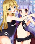  antenna_hair blonde_hair blue_eyes blue_hair blush crossover doronjo highres hoshimiya_kate hug kiyo_(yamazoe1122) leopard_(yatterman) leotard long_hair midriff miniskirt multiple_girls navel no_mask purple_eyes sekai_seifuku:_bouryaku_no_zvezda skirt smile time_bokan_(series) venera-sama yatterman yoru_no_yatterman 