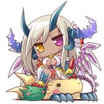  :&lt; blush breasts claws cleavage closed_mouth dark_skin draggie_(p&amp;d) dragon_girl dragon_horns dragon_tail dragon_wings facial_mark heterochromia horns large_breasts light_brown_hair long_hair naturalton purple_eyes puzzle_&amp;_dragons scales simple_background sitting solo sonia_gran tail v-shaped_eyebrows white_background wings yellow_eyes 