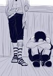  2boys leaning male male_focus marco monochrome multiple_boys one_piece portgas_d_ace sandals sitting whitebeard_pirates 