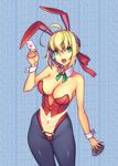  ahoge animal_ears bare_shoulders black_legwear blonde_hair breasts bunny_ears bunnysuit card cleavage covered_navel detached_collar fate/extra fate_(series) green_eyes hair_ribbon large_breasts looking_at_viewer navel navel_cutout nero_claudius_(fate) nero_claudius_(fate)_(all) open_mouth pantyhose playing_card ribbon solo wrist_cuffs yuksi 
