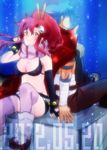  1girl back-to-back bikini_top blue_hair breasts cleavage couple fingerless_gloves gloves hair_ornament hetero holding_hands kamina large_breasts long_hair ponytail red_hair scarf shorts sitting skull_hair_ornament smile suika_soda tengen_toppa_gurren_lagann thighhighs yellow_eyes yoko_littner 