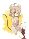  alternate_costume animal_ears bad_id bad_twitter_id bespectacled cheese daizu_(melon-lemon) food glasses grey_hair mouse_ears mouse_tail nazrin red_eyes short_hair solo sweater tail touhou 