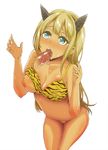  1girl alessandra_susu animal_print bad_id bad_pixiv_id blonde_hair blue_eyes blush breast_slip breasts censored cleavage fellatio hetero horn horns kazuo_daisuke large_breasts long_hair one_breast_out open_mouth oral penis solo_focus sweat tiger_print tokyo_7th_sisters 