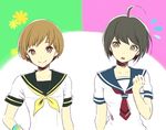  ahoge bangs brown_eyes brown_hair crossover danganronpa hand_on_hip multiple_girls naegi_komaru open_mouth persona persona_4 popela satonaka_chie school_uniform serafuku short_hair smile swept_bangs zettai_zetsubou_shoujo 