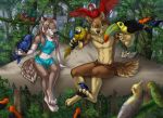  2018 4_toes 5_fingers ambiguous_gender anthro avian beak bird black_pawpads blue_eyes blue_feathers breasts brown_fur brown_hair canine clothed clothing day detailed_background digital_media_(artwork) digitigrade feathered_wings feathers female feral forest fur group hair jay-kuro male mammal midriff navel outside pawpads red_feathers smile toes tree wings wolf yellow_sclera 
