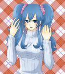  1girl blue_eyes blue_hair breasts fairy_tail juvia_loxar long_hair sweater twintails 