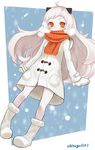  ahoge boots breath casual fur_boots gloves highres horns kantai_collection long_hair looking_at_viewer mittens northern_ocean_hime okitsugu pale_skin pigeon-toed red_eyes scarf scarf_over_mouth shinkaisei-kan snowing solo white_footwear white_gloves white_hair white_skin winter winter_clothes 