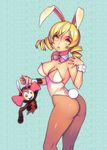 animal_ears ass blonde_hair breasts brown_legwear bunny_ears bunny_tail bunnysuit charlotte_(madoka_magica) cleavage detached_collar drill_hair drooling from_behind large_breasts looking_back mahou_shoujo_madoka_magica pantyhose parted_lips solo tail tomoe_mami twin_drills wrist_cuffs yellow_eyes yuksi 