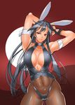  abs animal_ears arm_strap armpits arms_behind_head arms_up black_gloves black_hair black_legwear bowalia breasts bunny_ears bunny_girl bunnysuit cleavage collarbone fingerless_gloves gloves large_breasts long_hair muscle muscular_female navel original pantyhose red_eyes solo uneven_eyes very_long_hair 