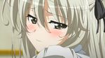  blurry blush bow close-up depth_of_field hair_bow kasugano_sora looking_back sad screencap silver_hair simple_background solo tears yosuga_no_sora 