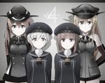  anchor_hair_ornament arms_behind_back bad_id bad_pixiv_id bare_shoulders bismarck_(kantai_collection) black_skirt blonde_hair blue_eyes blush brown_eyes brown_hair character_name clothes_writing detached_sleeves german hair_ornament hat iron_cross kantai_collection long_hair long_sleeves military military_uniform multiple_girls neckerchief peaked_cap pemu pleated_skirt prinz_eugen_(kantai_collection) sailor_collar sailor_hat short_hair sidelocks silver_hair skirt smile twintails uniform z1_leberecht_maass_(kantai_collection) z3_max_schultz_(kantai_collection) 