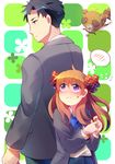  1girl arrow back-to-back black_eyes black_hair blush bow bow_(weapon) gekkan_shoujo_nozaki-kun hair_bow halo height_difference hitotubosi nozaki_umetarou orange_hair polka_dot polka_dot_bow purple_eyes sakura_chiyo spoken_blush tanuki weapon wings 