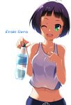  ;d araki_rena blush bottle breasts cleavage green_eyes hoppege looking_at_viewer medium_breasts midriff navel one_eye_closed open_mouth purple_hair short_hair simple_background smile solo sweat tank_top tokyo_7th_sisters water_bottle white_background 
