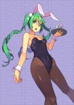  animal_ears bare_shoulders black_legwear breasts bunny_ears bunnysuit covered_navel from_below green_eyes green_hair hatsune_miku long_hair open_mouth pantyhose small_breasts solo tray twintails very_long_hair vocaloid wrist_cuffs yuksi 