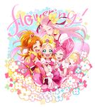  :d absurdres arm_warmers blonde_hair blush bow choker closed_eyes cure_bloom cure_blossom cure_flora cure_flower eyebrows flower futari_wa_precure_splash_star gloves go!_princess_precure green_eyes hair_flower hair_ornament half_updo hanasaki_kaoruko hanasaki_tsubomi haruno_haruka heartcatch_precure! highres hyuuga_saki long_hair magical_girl multicolored_hair multiple_girls open_mouth orange_hair pink_bow pink_choker pink_hair ponytail precure red_choker sasagawa_kureo smile streaked_hair thick_eyebrows trait_connection two-tone_hair 