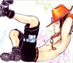  1boy hat lowres male male_focus necklace one_piece portgas_d_ace shorts sitting solo tattoo topless whitebeard_pirates 
