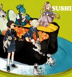  animal anklet armor atsushi_toushirou blonde_hair blue_hair brown_hair chin_strap food gokotai gokotai's_tigers green_background gunkanmaki hair_over_one_eye hat holding holding_animal ikura_(food) ima-no-tsurugi in_food japanese_armor japanese_clothes jewelry kneeling l_hakase long_hair male_focus military military_uniform miniboy multiple_boys necktie plate red_eyes roe sayo_samonji sheath sheathed shoes shorts shoulder_armor simple_background sitting socks sode standing stole sushi tantou tiger tiger_cub tokin_hat touken_ranbu uniform white_tiger yellow_eyes 