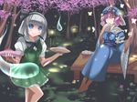  :d ^_^ bad_id bad_pixiv_id blue_eyes bug butterfly cherry_blossoms closed_eyes covering_mouth food hat highres insect konpaku_youmu konpaku_youmu_(ghost) marionette_(excle) multiple_girls night open_mouth pink_hair plate pointing saigyouji_yuyuko short_hair silver_hair smile touhou triangular_headpiece 