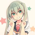  double_v face green_eyes green_hair grin hair_over_shoulder hatsune_miku head_tilt highres hiiragi_hajime long_hair looking_at_viewer md5_mismatch school_uniform serafuku smile solo star twintails v vocaloid 