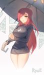  breasts cross cross_necklace hair_over_one_eye jewelry krieg_(skullgirls) large_breasts long_hair miniskirt necklace parasol parasoul_(skullgirls) red_hair ryuji_(red-truth) skirt skirt_set skullgirls solo umbrella yellow_eyes 