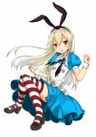  alice_(wonderland) alice_(wonderland)_(cosplay) alice_in_wonderland blonde_hair blue_dress bow chestnut_mouth cosplay detached_sleeves dress full_body hair_bow hairband hi_nomase_ijin highres kantai_collection knees_together_feet_apart long_hair looking_at_viewer mary_janes puffy_short_sleeves puffy_sleeves red_eyes shimakaze_(kantai_collection) shoes short_sleeves simple_background solo striped striped_legwear thighhighs white_background 