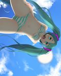  aqua_eyes aqua_hair aqua_nails bikini day from_below hatsune_miku headphones headset highres ichijou_tatami long_hair looking_at_viewer nail_polish project_diva project_diva_(series) sky solo sun swimsuit swimwear_(module) twintails very_long_hair vocaloid 