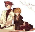  1girl beatrice blonde_hair blue_eyes flower formal necktie pink_neckwear red_hair short_hair smile suzushiro_kurumi thighhighs umineko_no_naku_koro_ni ushiromiya_battler 