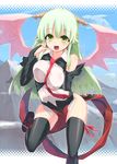  bad_id bad_pixiv_id bare_shoulders black_legwear breasts bridal_gauntlets detached_sleeves dragon_girl fang green_eyes green_hair happy highres hips homura_subaru horns large_breasts long_hair necktie open_mouth original pinky_out revision smile solo thighhighs wings 