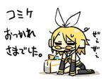  arm_support chan_co chibi closed_eyes convention_greeting glasses kagamine_rin kneeling open_mouth solo vocaloid 