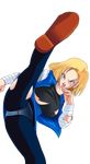  android_18 aqua_eyes blonde_hair dragon_ball dragonball earrings highres jewelry kick kicking pantyhose simple_background torn_clothes torn_pantyhose upskirt 