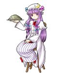  bad_id bad_pixiv_id book bow chair esaka hair_ribbon hat long_hair patchouli_knowledge pink_bow plate purple_eyes purple_hair ribbon solo touhou 