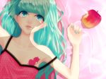  alternate_hairstyle apple aqua_eyes aqua_hair aqua_nails arms_up camisole collarbone flower food fruit hair_in_mouth hatsune_miku lips long_hair lying nail_polish nose on_back romeo_to_cinderella_(vocaloid) rose shadow solo strap_slip tattoo tears vocaloid yunomi_(yunomi_imonuy) 