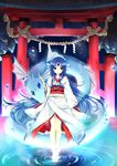  barefoot blue_eyes blue_hair dragon floating forehead_jewel hanabana_tsubomi head_fins highres japanese_clothes kimono long_hair obi original ripples rope sash shide shimenawa standing standing_on_liquid third_eye torii very_long_hair water water_drop 